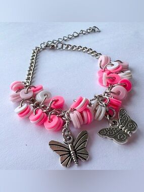 Pink Stack Clay Bead Butterfly Charm Bracelet - Women Jewelry